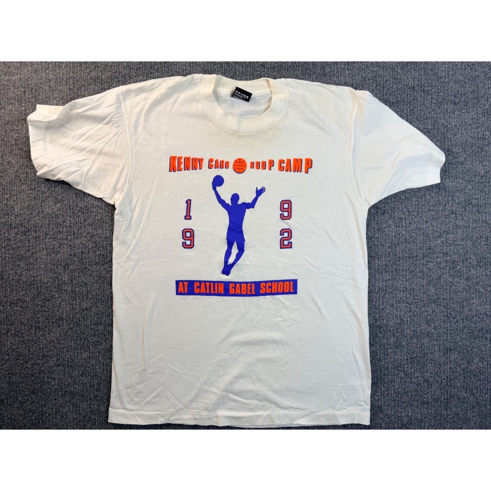 Vintage 92 Kenny Carr Hoop Camp Shirt Mens L White Screen Stars USA Made Stains